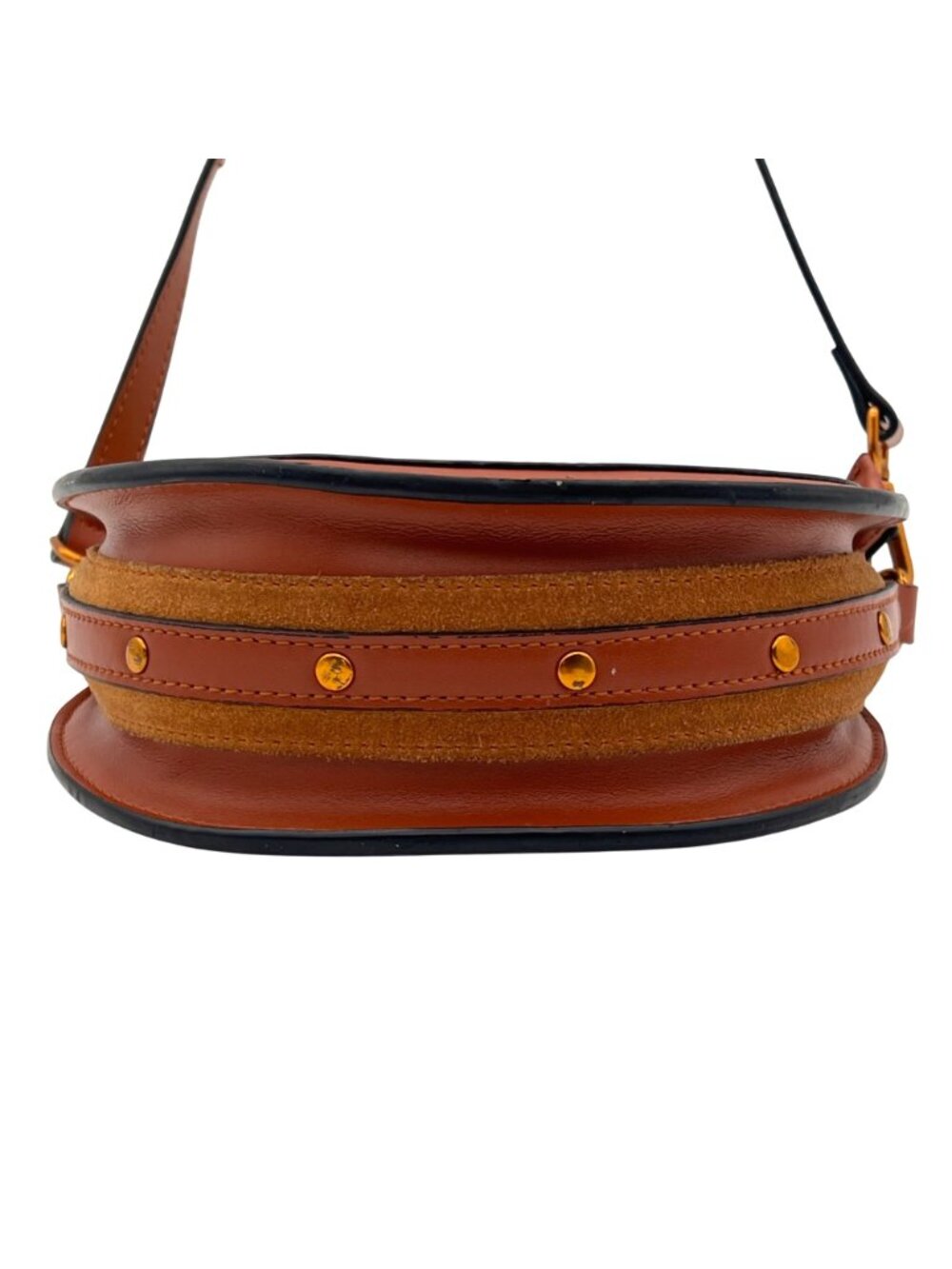 Round Leather Crossbody Bag With Gold Handles And Adjustable Strap Brown & Suede - Picture 4 of 14